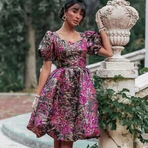 Jessakae Floral Brocade Jacquard Burgundy Gold Metallic Dress Fit & Flare 3X